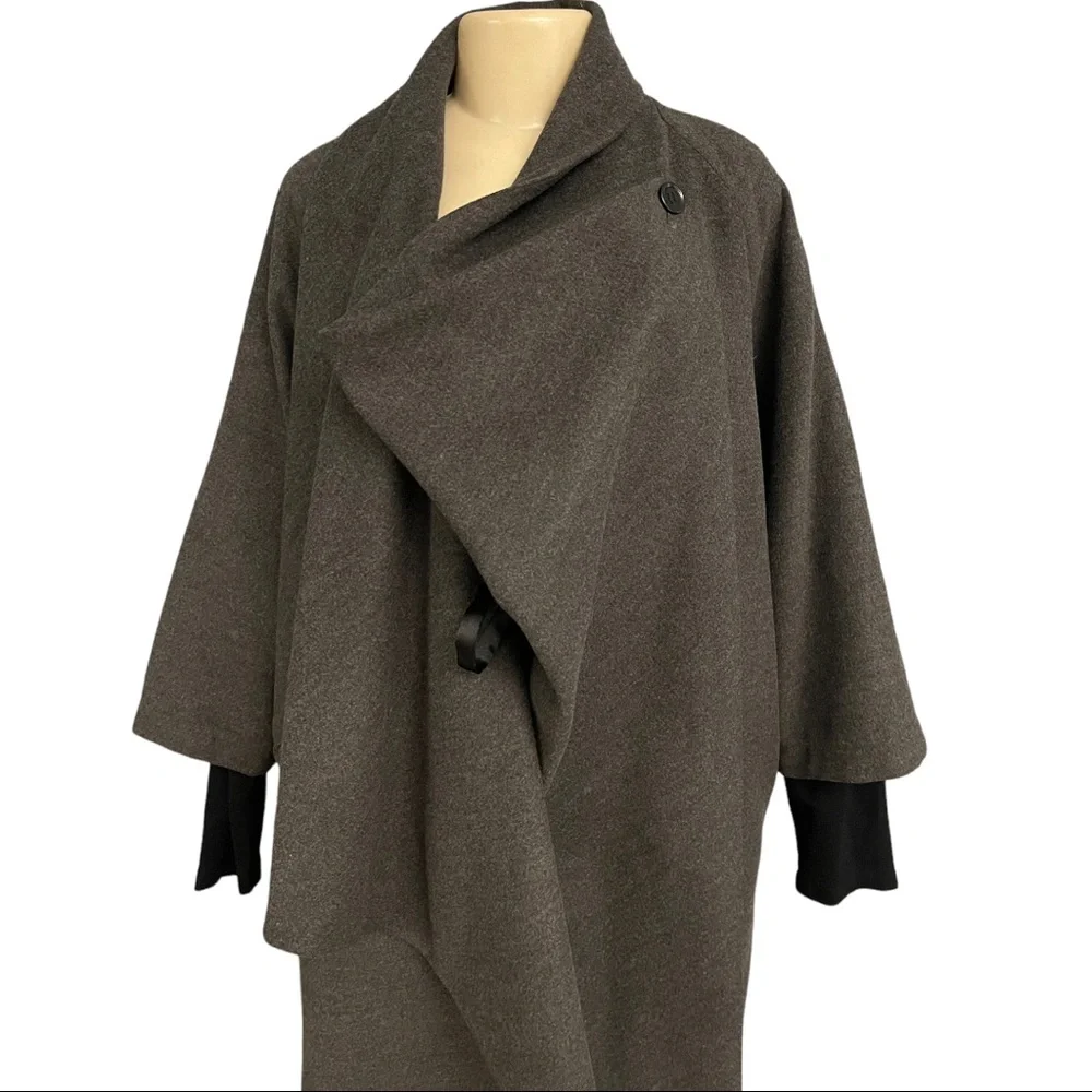 Calvin Klein Double Breasted Drape Cape Coat Envelope Collar Grey Sleeved Jacket - Picture 4 of 15
